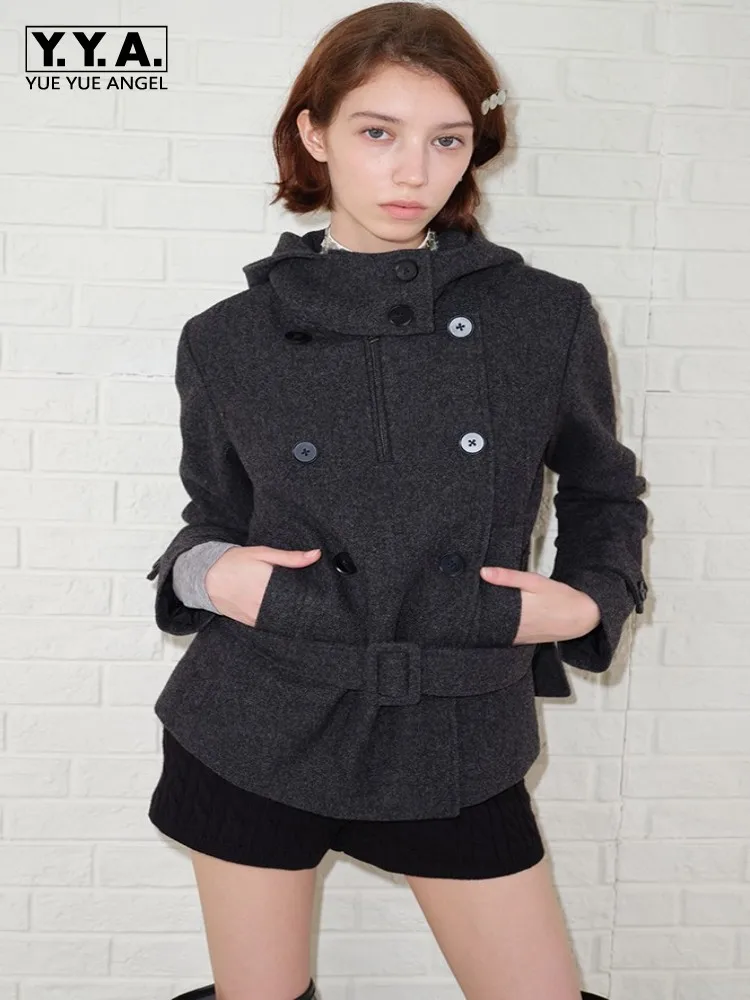 

Женское шерстяное пальто высшего качества из смесовой шерсти, приталенная двубортная куртка с поясом, осенне-зимняя офисная женская верхняя одежда с капюшоном