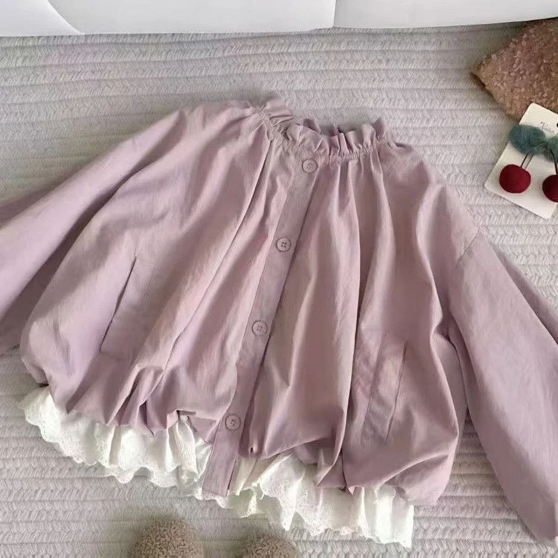 3-14 Years Teen Girls Coats Spring Autumn New Lace Patchwork Stand Collar Stand Collar Trench Coat For Kids Fashion Outerwear