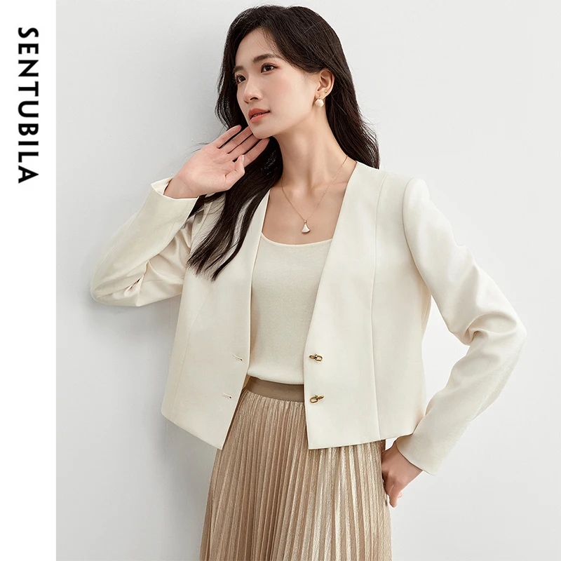 SENTUBILA Woman Cropped Blazer Short Tailored Coat 2025 Beige Straight V Neck Long Sleeve Outerwear Ladies Clothing 151X58226