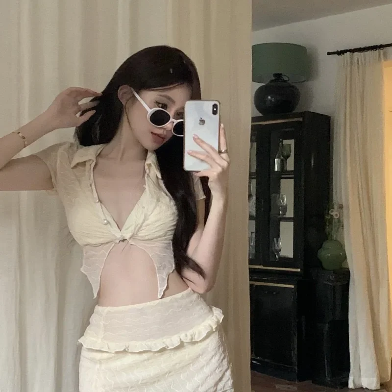 

Swimsuit Beige Three Pieces High Waist Sexy Hot Girls Sea Holiday Slim Fit Korean Style Irregular Cropped Tops Chic Attractive