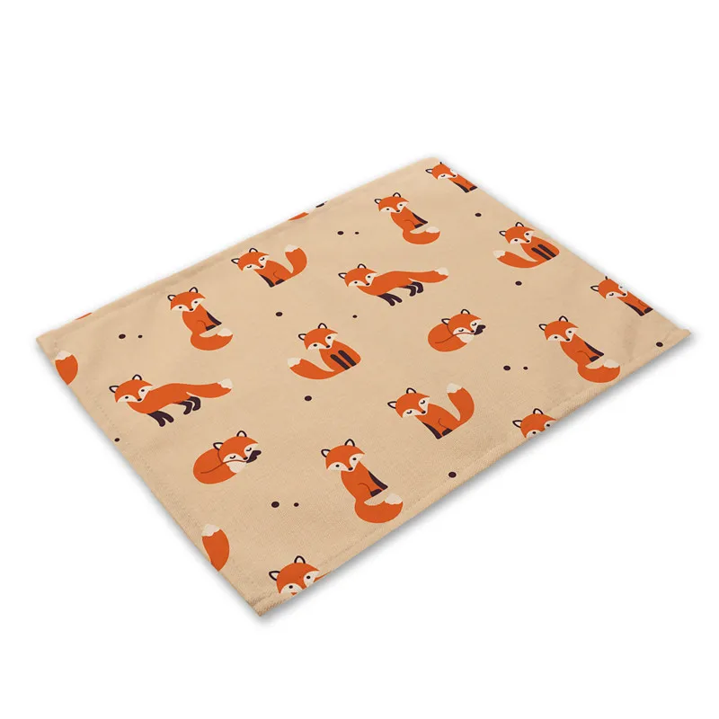 Placemat for Dining Table Fox Pattern Placemat Cartoon Dining Table Mat Tea Coaster Cotton Linen Pad Kitchen Bowl Cup Mats