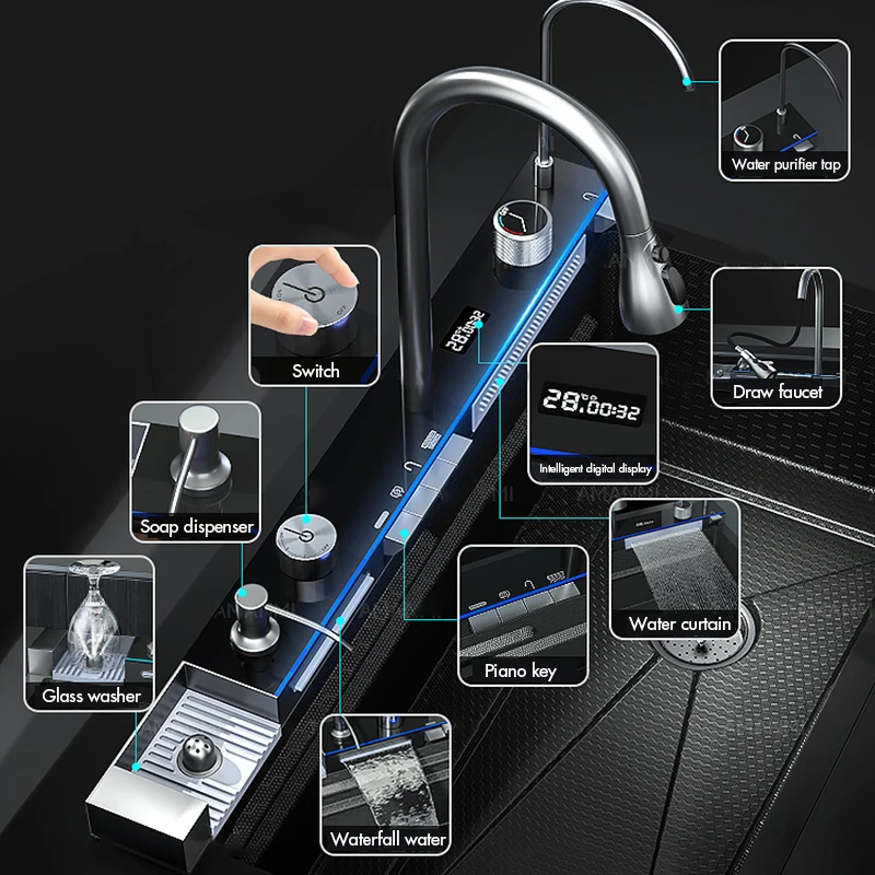 304 شلال من الفولاذ المقاوم للصدأ بالوعة المطبخ فتحة واحدة كبيرة متكاملة شاشة ديجيتال صنبور مجموعة موزع الصابون كأس غسالة