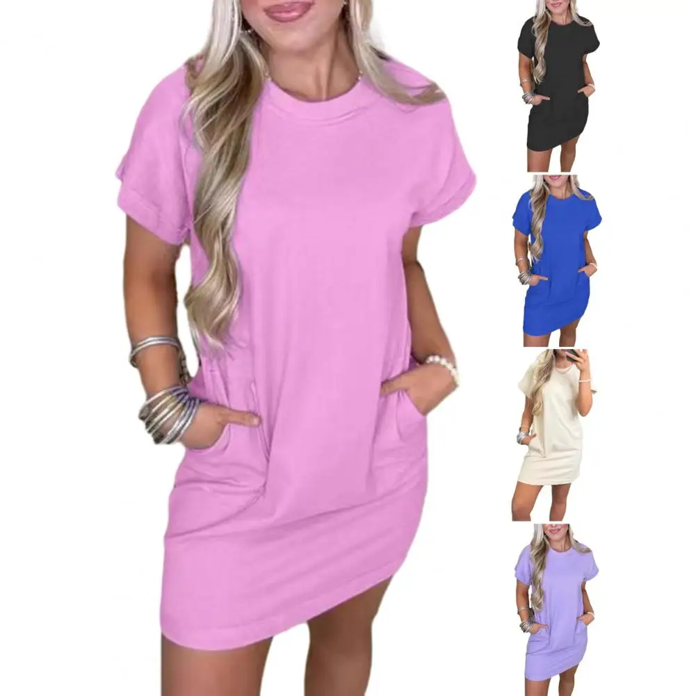 Damska luźna sukienka T-shirt z krótkim rękawem i okrągłym dekoltem, plażowa, obszerna, jednolita sukienka letnia z kieszeniami, mini.