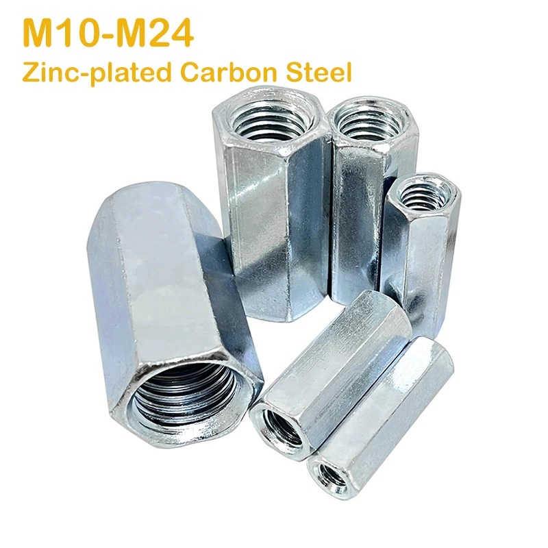 

1-2pcs Connection Thread Nut M10 M12 M14 M16 M18 M20 M22 M24 Zinc-plated Carbon Steel Hex Rod Coupling Nuts Long Hex Nut