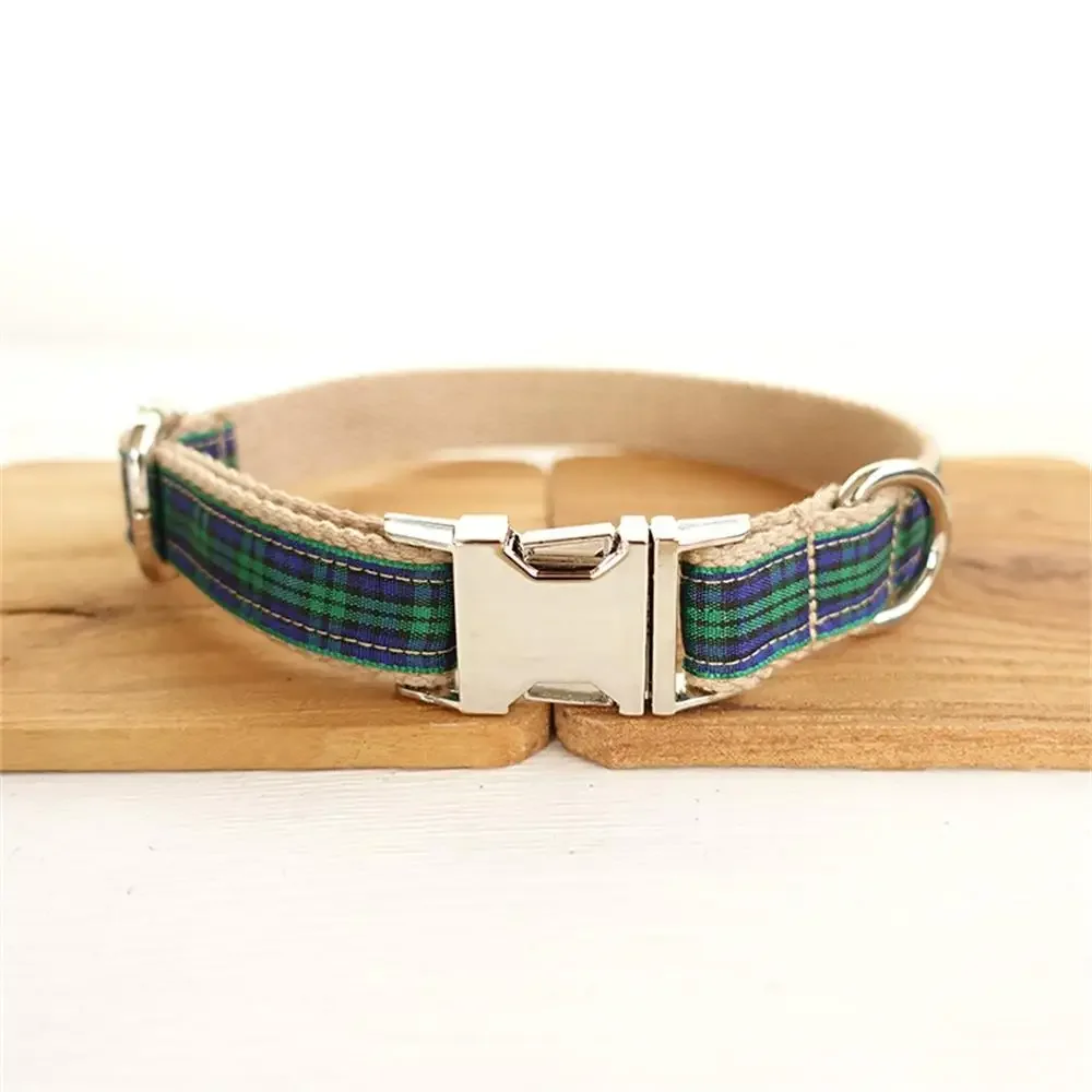 Personalized Dog Collar with Free Engraving, Matching Pet Leash,Customzied Contacts Metal Buckle,Green Plaid Pet Collar