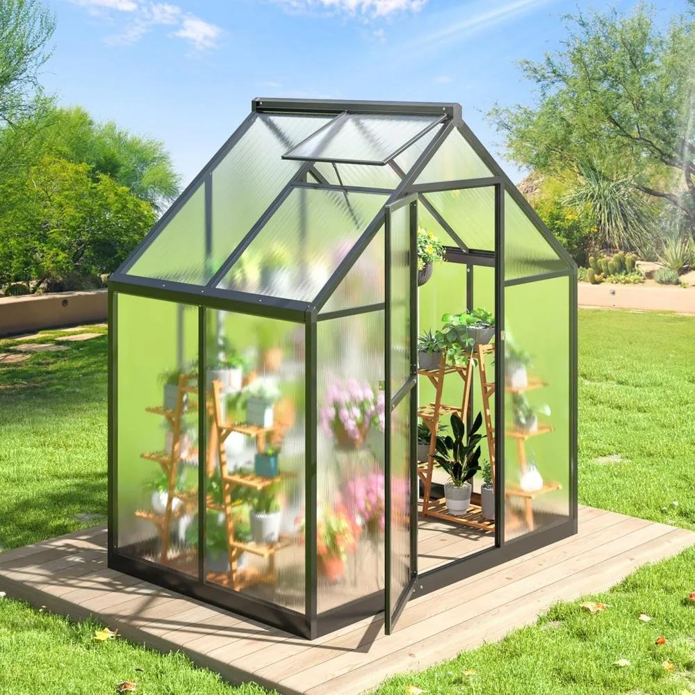 4x6 FT Greenhouse, Structure Polycarbonate Greenhouse, Walk-in Greenhouses for Outdoors with Ventilated Windows, Green Houses