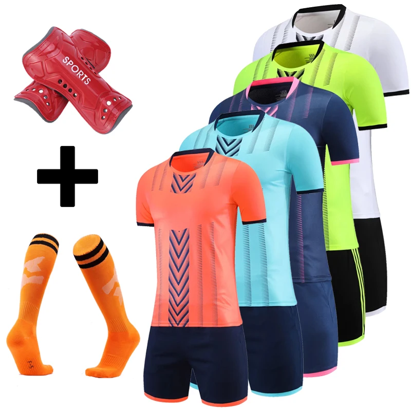 

Men Kids Soccer Jersey Set survetement Football Kit uniforms custom Futbol Training Shirts Short Suit with socks+Shin guards