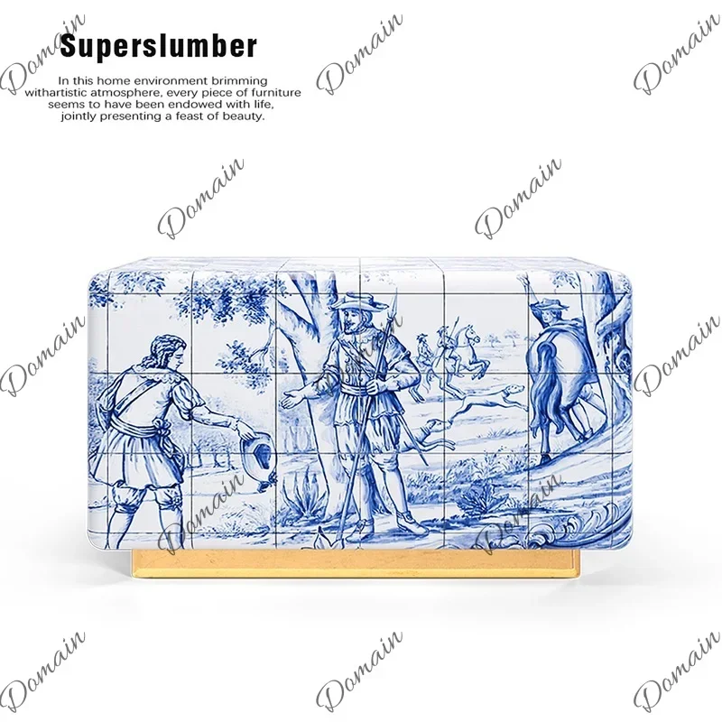 BJ Italian Luxury Blue Porcelain Nightstand Creative Art Storage Cabinet Designer Villa Home Bedside Table