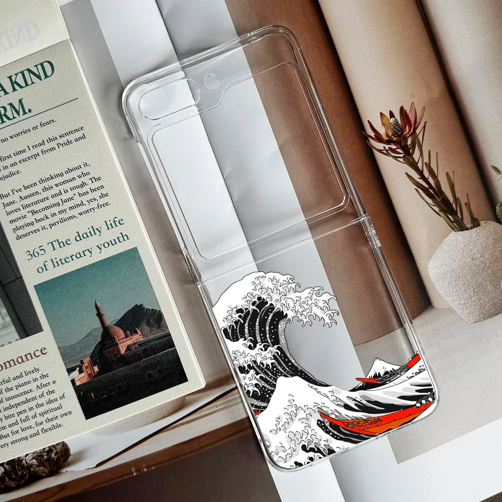 The Great Wave off Kanagawa Pattern Case for Samsung Galaxy Z Flip 6 5 4 3 Beauty Flip6 Flip5 Japanese Kawaii Hard Crystal Cover