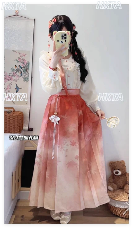 

New Chinese Style Autumn New Elegant Long Sleeved V Neck White Shirt Top Female Waist Print A Line Long Skirt 2 Pieces Set Women