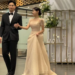 Square Collar Customized Formal Wedding Dresses Pleat Sparkly Short Sleeves 프롬드레스 Floor Length Elegant Bride Gowns Party Women