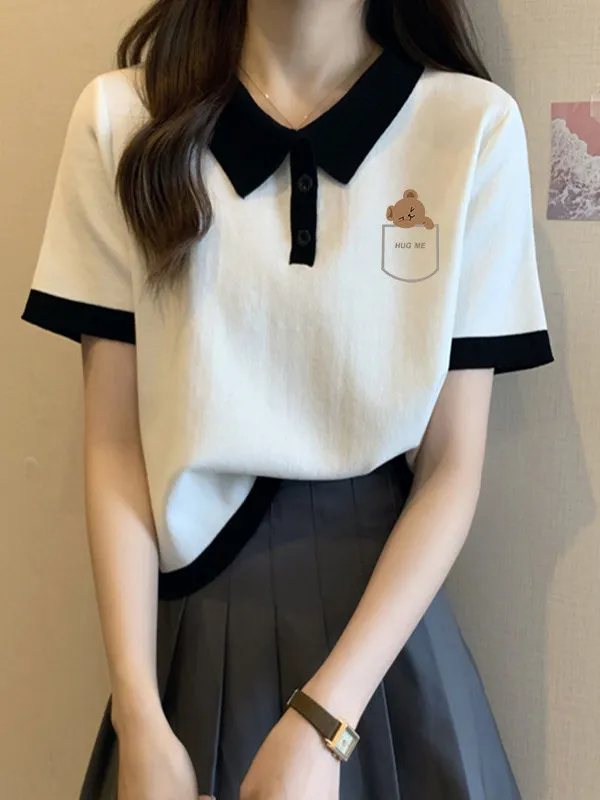 Short Sleeve  Neck T-Shirt Women's Summer New Style High School Student Korean Style Color Block Cotton Retro Commute