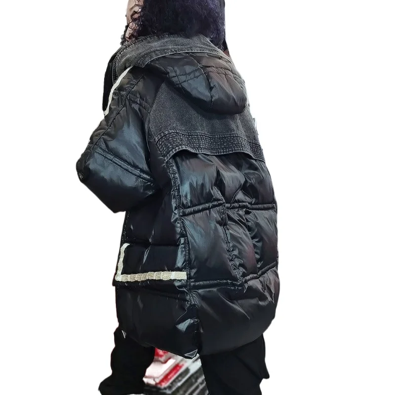 

Европейский осенне-зимний дизайн с длинными рукавами, потертый джинсовый пуховик с вышивкой букв, средний и длинный свободный пуховик с капюшоном