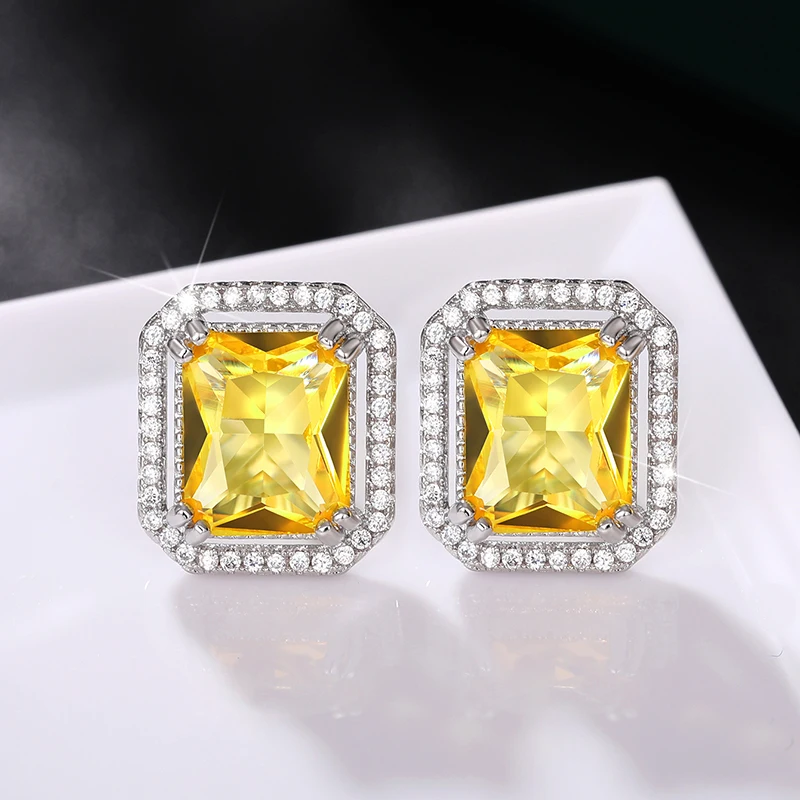 Huitan Square Yellow Cubic Zirconia Stud Earrings for Women Bright Earrings Wedding Party Temperament Elegant Female Accessories