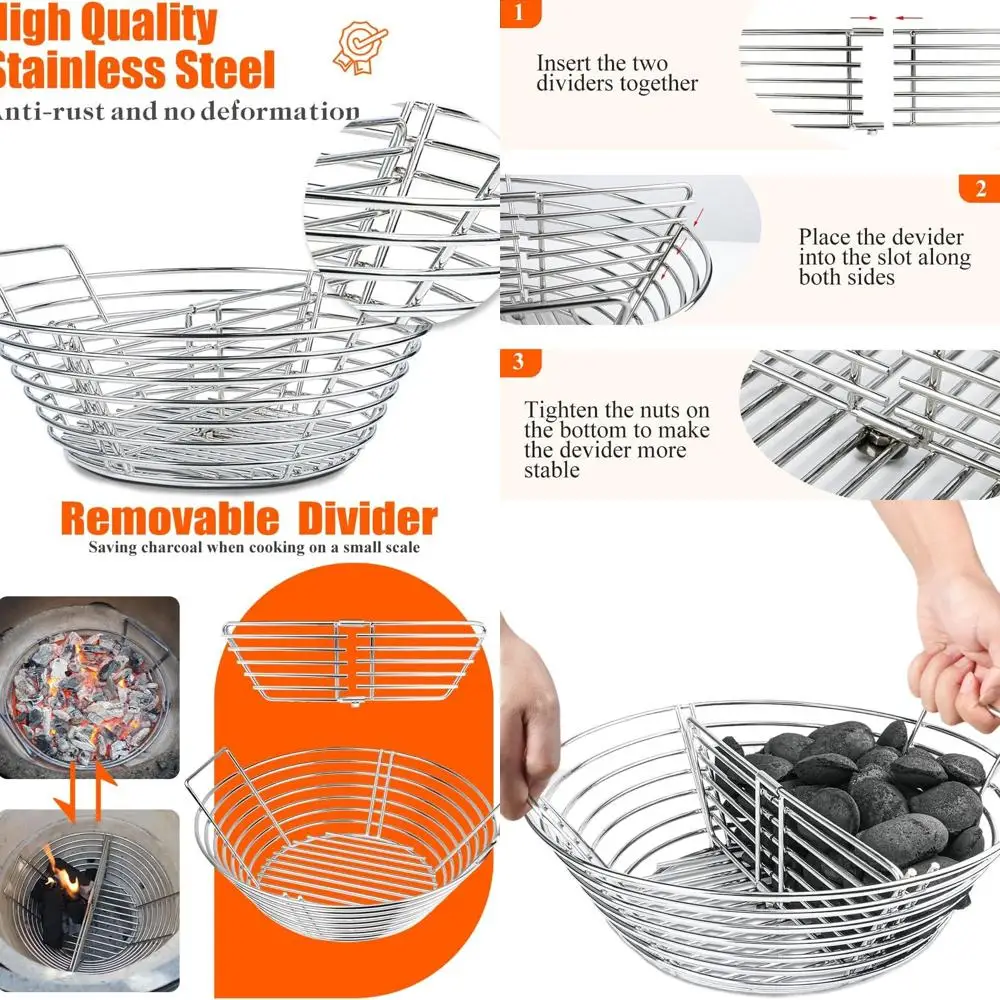 

Stainless Steel Ash Charcoal Basket for Large Big Green Egg and Kamado Joe Classic Grills (with Divider)