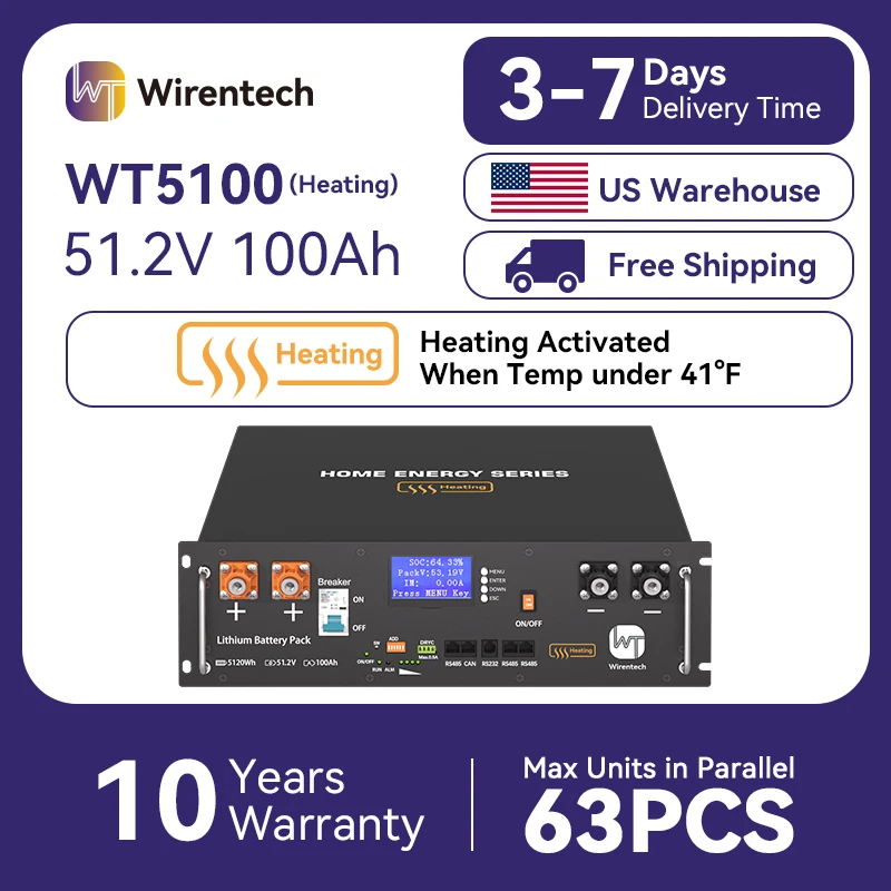 Wirentech WT5100 48V 100Ah LiFePO4 Battery with Heating Server Rack Energy Storage CAN RS232 RS485