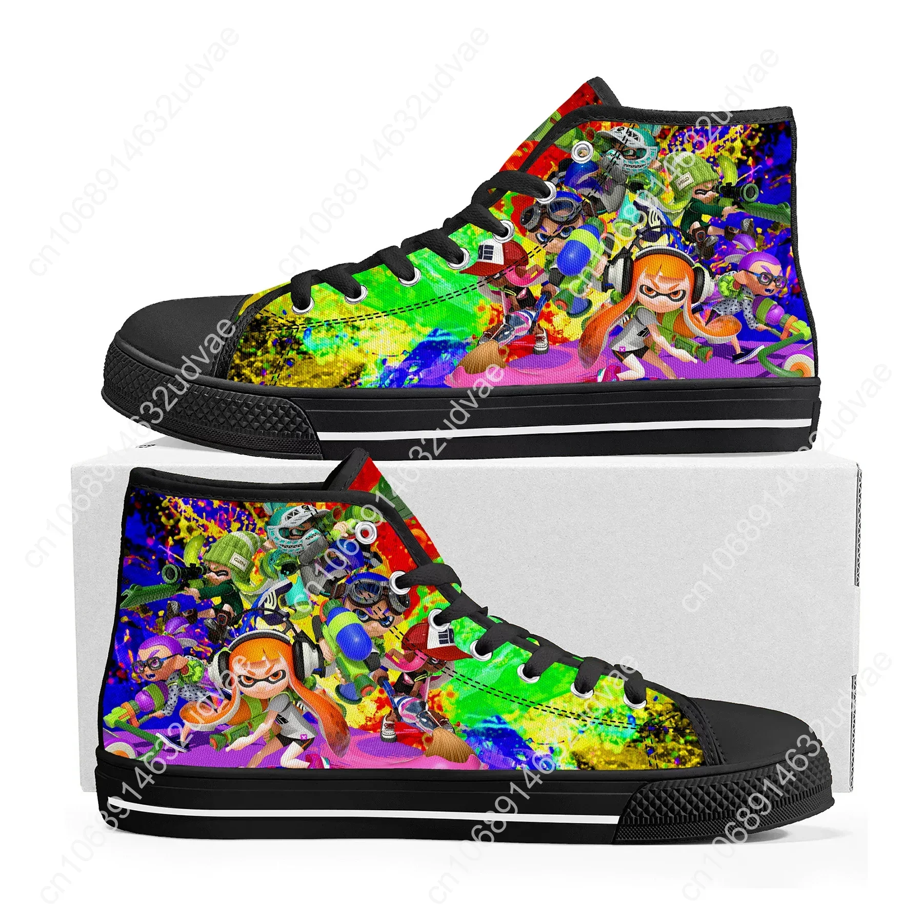 Splatoons Game Cartoon High Top Sneakers para homens e mulheres, tênis de lona casual, sapatos brancos personalizados para casais adolescentes, alta qualidade