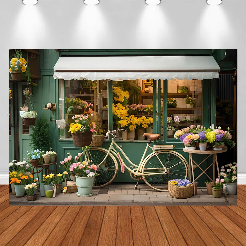 

LS Photography Background Street Shop Bicycle Flower Woven Basket Decor Birthday Cake Smash Kids Adult Portrait Photo Backdrop