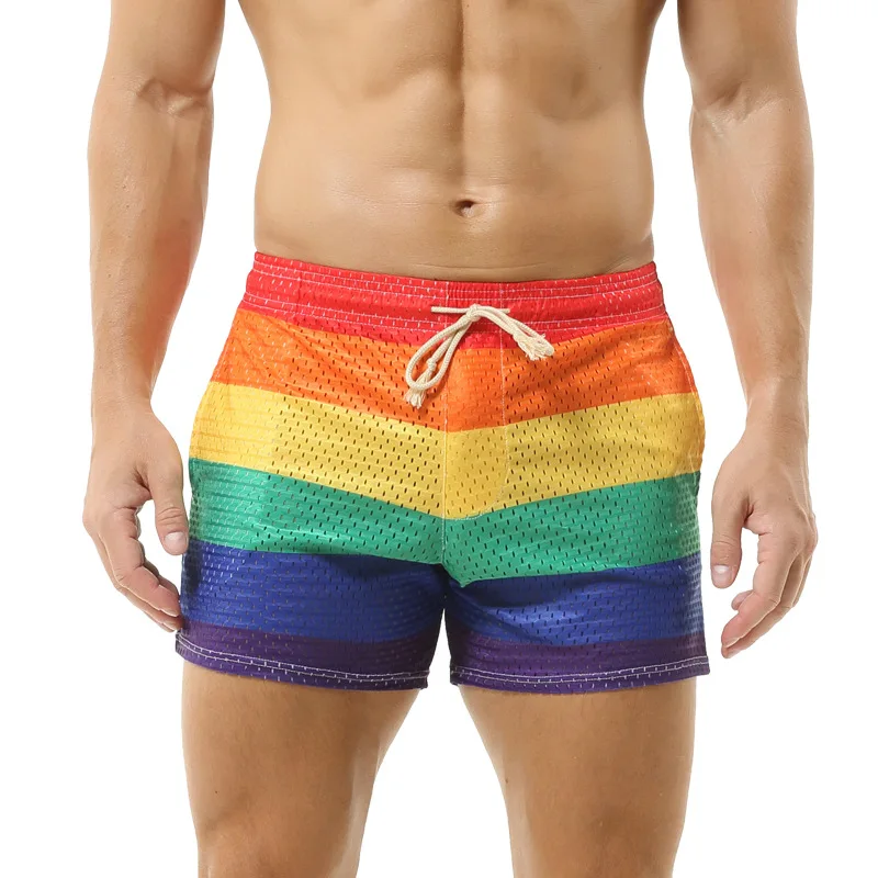 Men's Sexy Beach Short Pants Rainbow Mesh Trunks Sexy Beachwear Casual Boxers Shorts Bottoms Pocket Quick-dry Drawstring