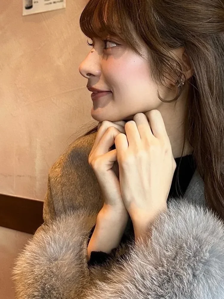 Solid Woolen Blend Fur Cuff Coat Women Loose Lapel Furry Belt Long Sleeve Female Jacket New 2025 Autumn Winter Lady Chic Outwear