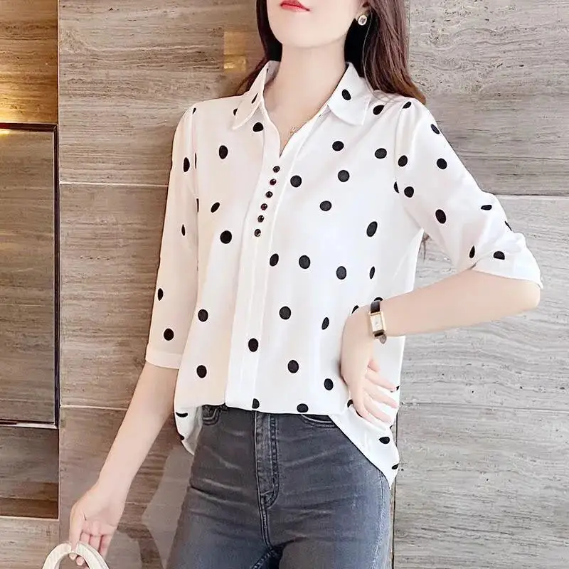 Fashion Lapel Printed Polka Dot Button Oversized Chiffon Shirt New Summer and Autumn Casual Tops Loose Commute Women\'s Blouse