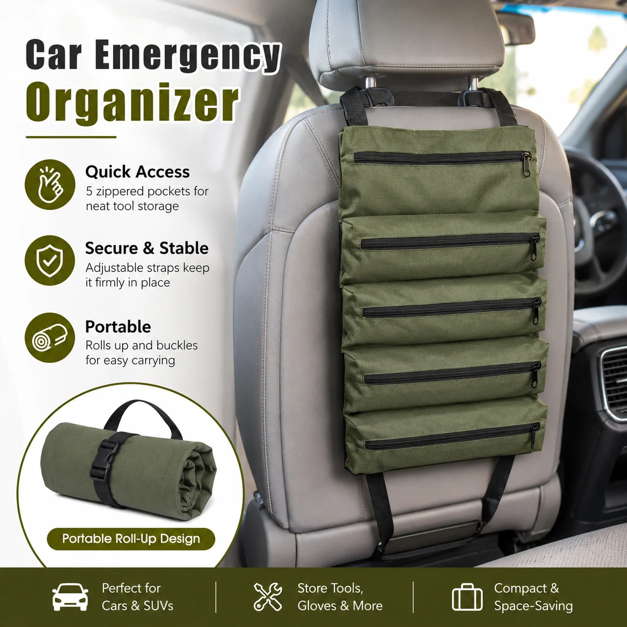 Heavy Duty Roll Up Tool Bag, Oxford Fabric Multi Tool Organizer for Mechanics Electricians Carpenters, Garage Storage