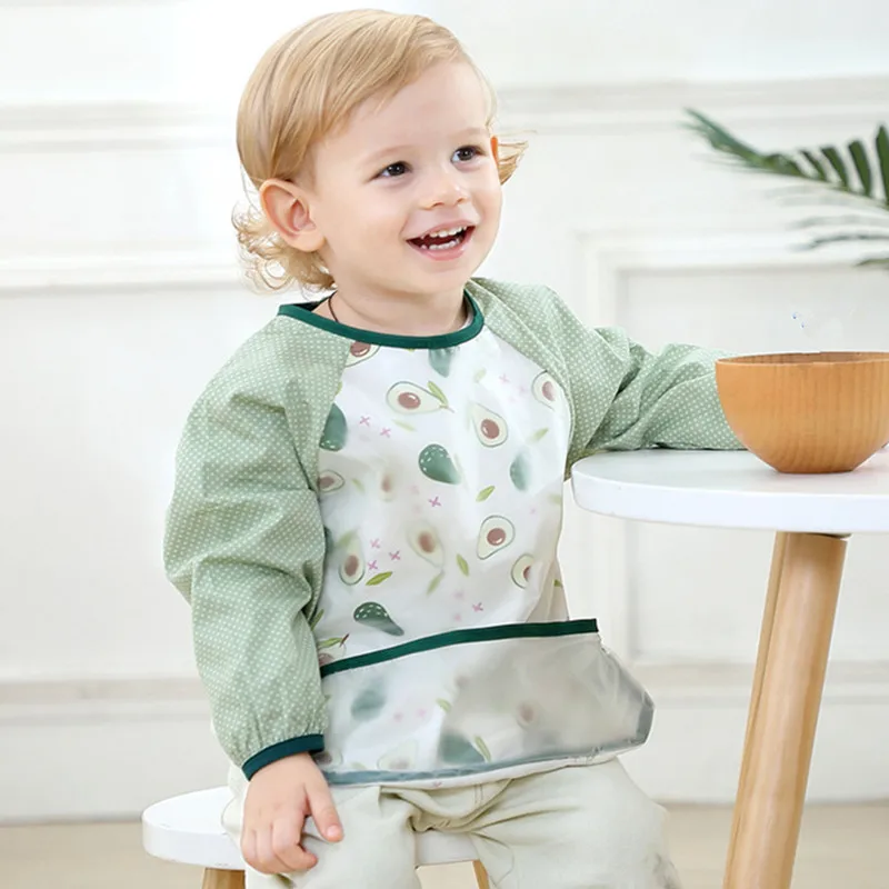 Baby Aprons Bibs Waterproof Long Sleeve Fruit Boys Girls Bibs Kids Burp Cloth Feeding Bib with Pocket Child S/M/L Apron Smock