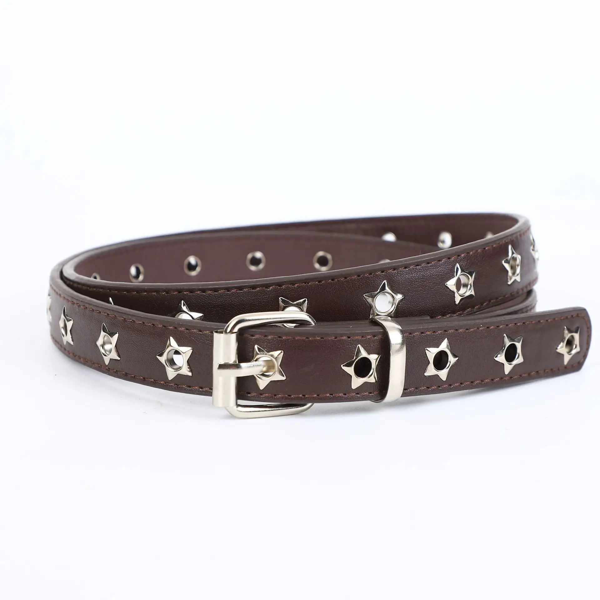 Women's Double Star Grommet Belt FOR For punk Fashion Rivet Decorated PU Strap Alloy Buckle Multiple Hole Fit Soft Durable Build