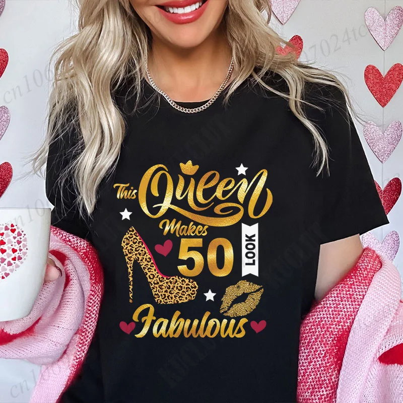 50th Fabulous Birthday Party T Shirt for Women Fashion High Heels Graphic Tops Casual Short Sleeve Tee Aesthetic Female Clothing