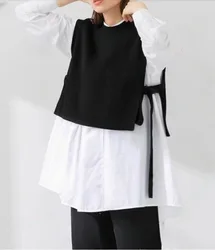 Japan Style 2024 Spring New Black and White Paired Two Piece Set Shirt +Knitted Blouse Suits Fashion Casual Beautiful Women Tops