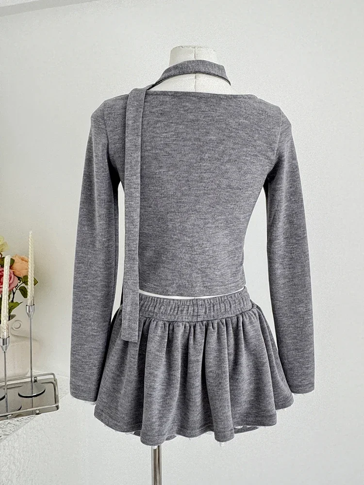 Outono inverno feminino bonito 2000s estética ballet core outfits 2 peça conjunto manga longa cardigan colheita topos + mini saias culottes