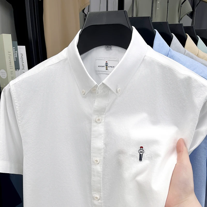 

Рубашка с короткими рукавами из 100% хлопка, летняя брендовая изысканная мультяшная вышивка, однотонный топ с лацканами, модная корейская повседневная мужская одежда