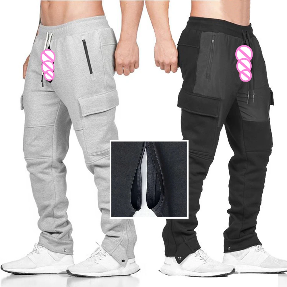 Men's Clothing Fitness Overalls Men Exoticism Invisible Open Crotch Outdoor Sex Trend Sports Running Straight Casual Trousers
