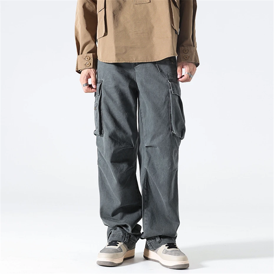 Multiple Pockets Cargo Pants Men Vintage Streetwear Pants Men Fashion Casual Solid Color Trousers Male