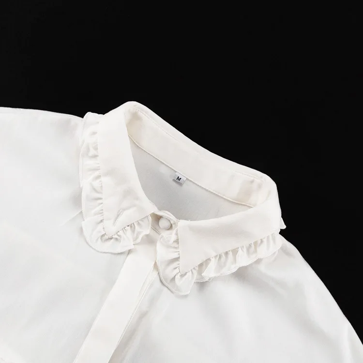 Spring Autumn 2024 Loose White Shirt Women Blouse Solid Turn-down Collar Ruffled Lantern Long Sleeve Vintage Elegant 48905