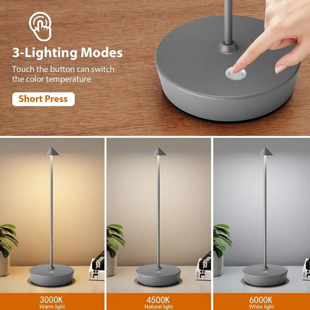 2-Pack Cordless LED Desk Lamp, Rechargeable 6000mAh Battery, 3-Level Brightness, Metal, Portable for Indoor & Outdoor Use (Gray)