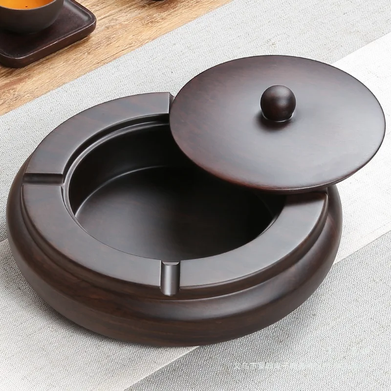 Chinese ashtray, male creative personality trend multi-functional home Nordic living room large ebony solid wood with cover No