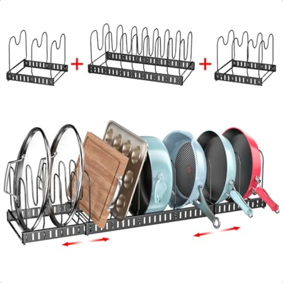 

15 Adjustable Dividers Pot and Pan Organizer Rack 7D x 32W x 7.1H 3 in 1 Expandable Lid Bakeware Cupboard Rack Holder for Kitch