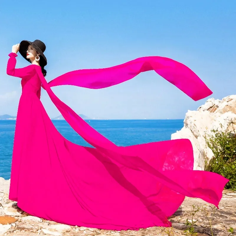 Vestido de gasa rojo con cuello en V para mujer, traje largo de manga larga, Estilo Vintage, en la playa ideal para vacaciones, viajes y Tiro, 2024