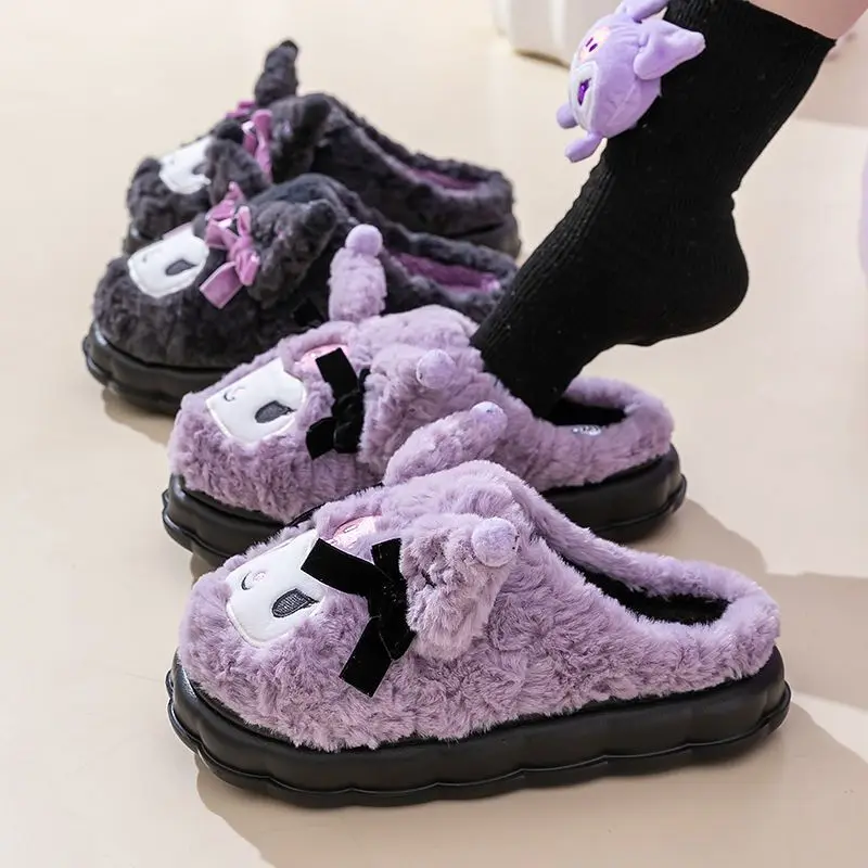 

Cute Kuromi Winter Cotton Slippers Cartoon Cute Sanrio Women's Home Warm Non-slip Soft Bottom Plush Slippers Girls Outdoor Shoes