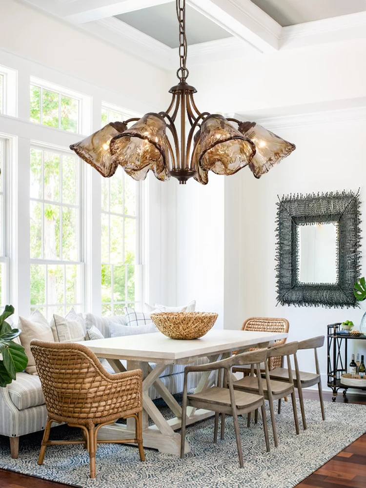 Amber Glass Chandeliers LED Cottage Lighting Fixture Designer Vintage Hanging Lamp for Ceiling Living Room Decor Lustre Bedroom