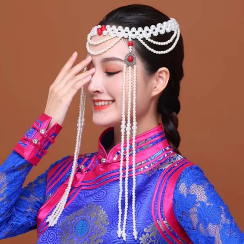 Mongolian Ethnic Minority Bead Bead Long Chain Headwear Dance Performance Accessories