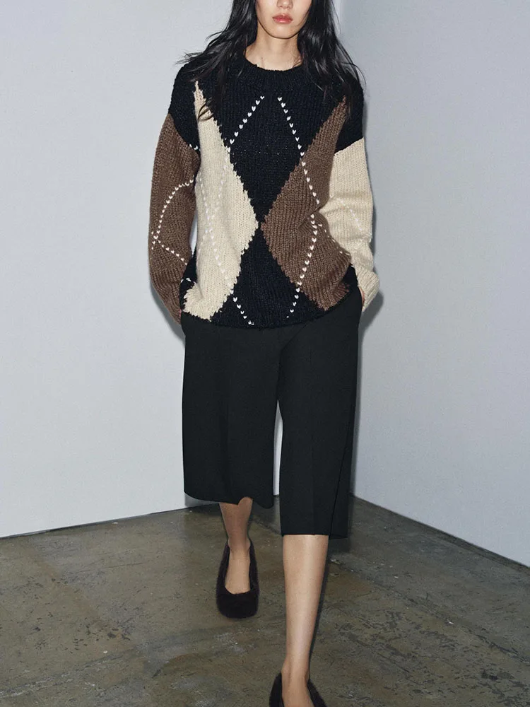 

Sweet Ele круглый вязаный свитер Ne Long Sve с ромбовидным узором, новинка осени 2024, женский повседневный вязаный топ свободного покроя