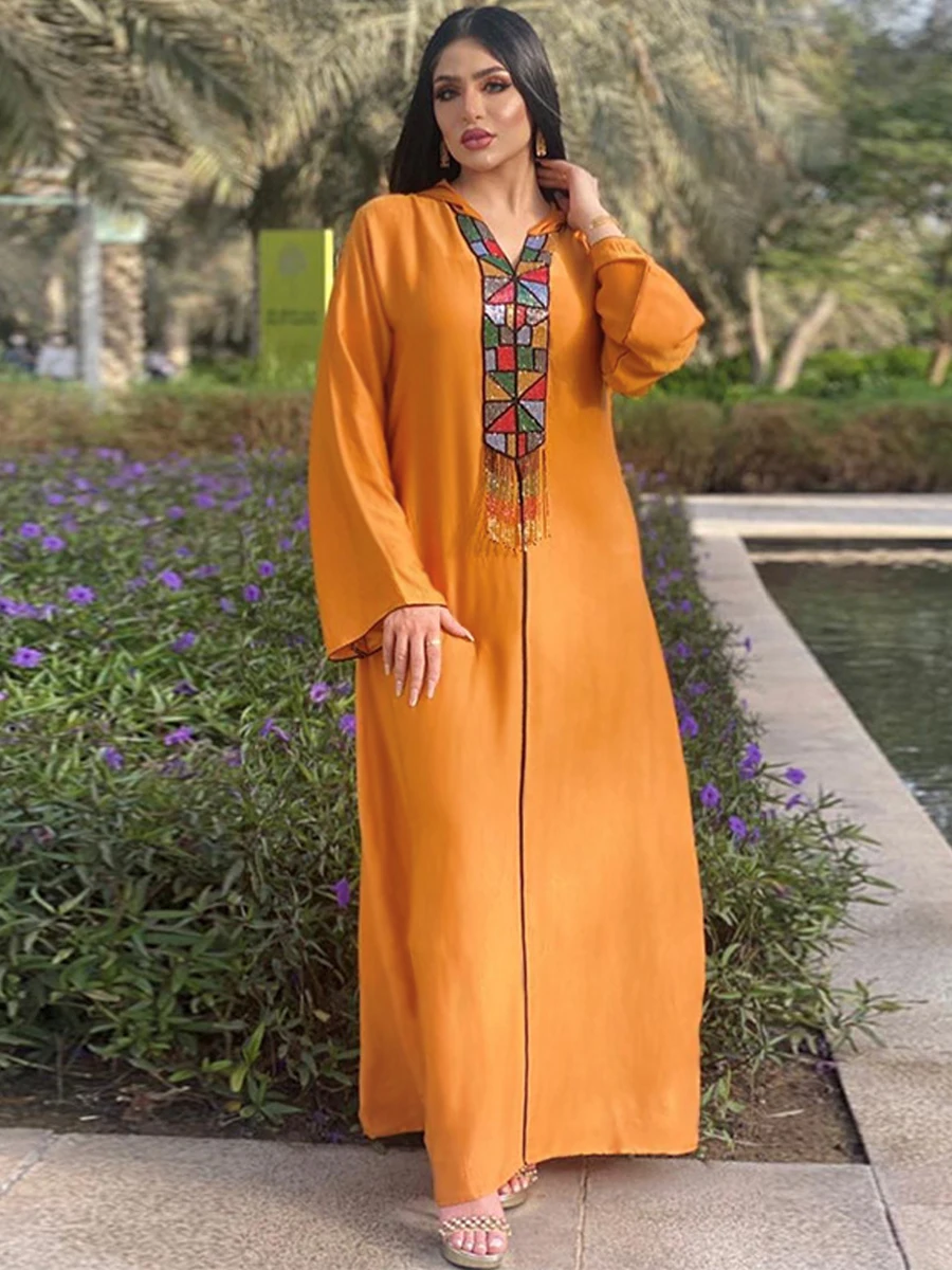 

Beading Tassel Women Djellaba Moroccan Kaftan Dubai Kuwaiti Hooded Abaya Long Arabic Dress Islam Muslim Ramadan Party Jalabiya