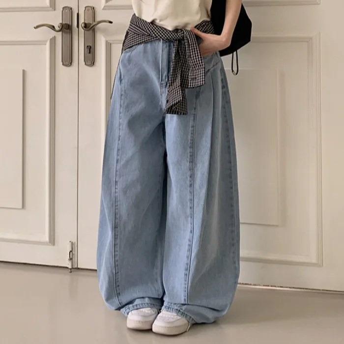 

High Waist Pleated Wide Leg Jeans Women's Pants Korean Style Chic Spring Summer Vintage Slimming Loose Fit Denim Trousers