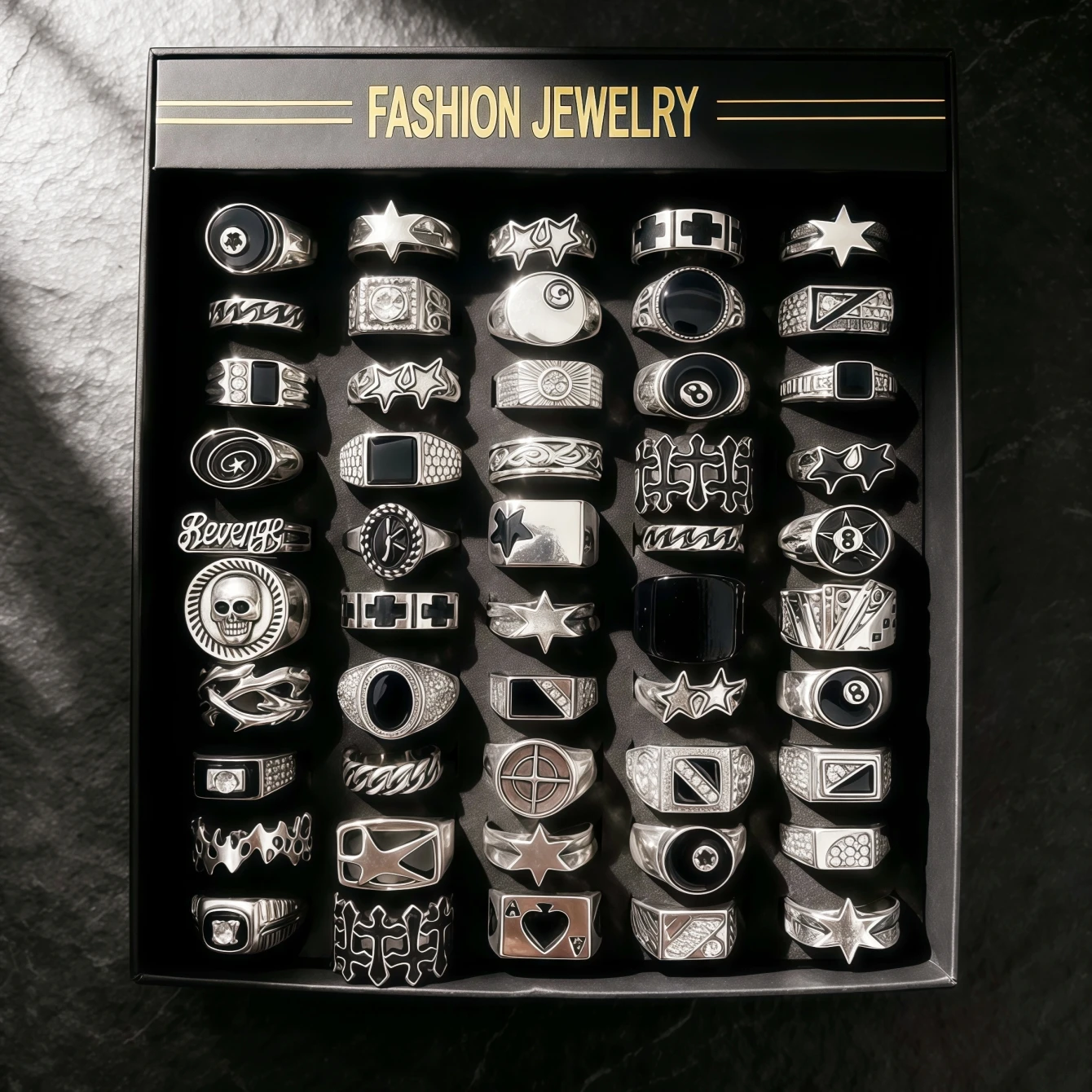 8/15/25/50Pieces Vintage Punk Black Geometry Star Square Rings Set For Women Men Mix Style Retro Gothic Daily Jewelry Party Gift
