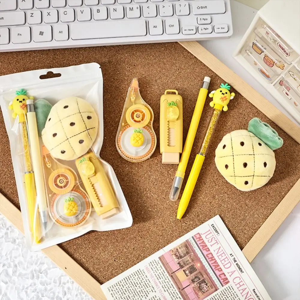 5pcs/set Creative with Fruit Brooch Stationery Set Writing Set Reward Gifts Pencil Eraser Correction Tape School Office