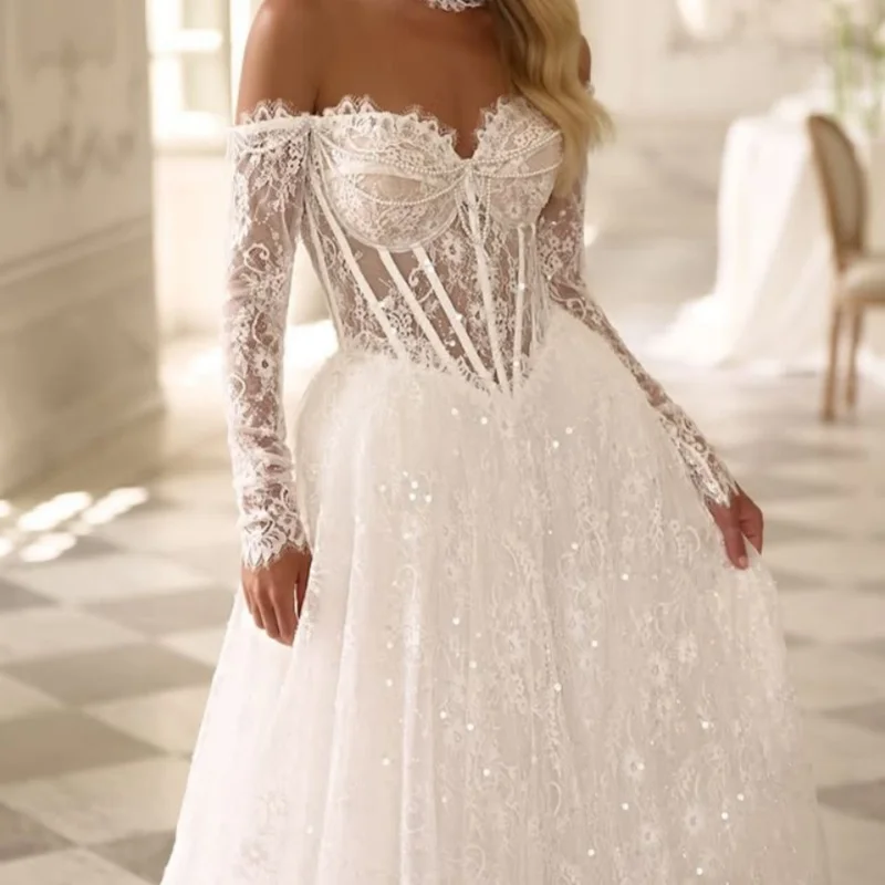 Shiny White Appliques Wedding Dresses long sleeves A skirt glitter Lace flower decal Gowns Made wedding dress