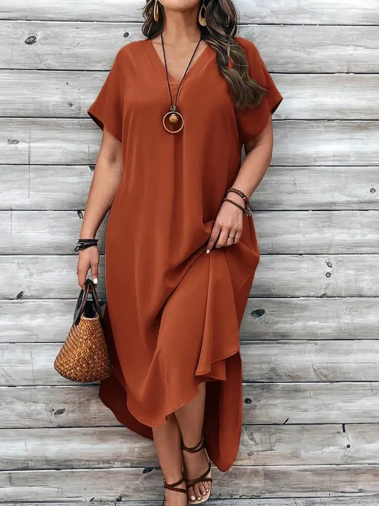 2024 Spring and Summer Cross border European and American New Large Women's Fashion Casual V-neck Dress for Women Plus Size