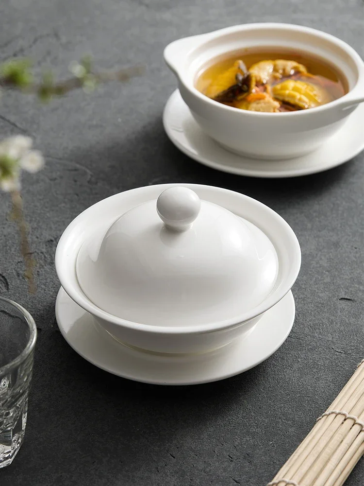 Ceramic Soup Bowl with Lid for Steam Cooking Beauty Salon Health Soup Dessert Bowl Fish Flavour Porridge Bowl Chinese Style
